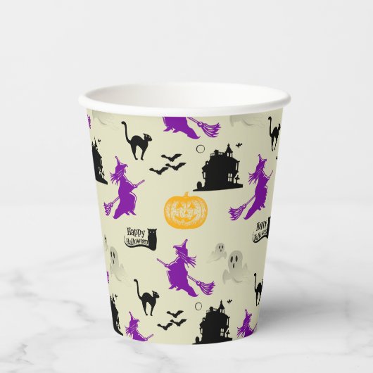 Gobelets En Papier Halloween sorcière, chats Citrouille et noirs (Recto)