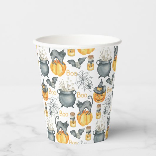 Gobelets En Papier Halloween Whimsical Cauldron et Motif de chats (Recto)