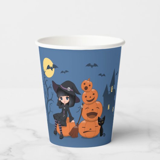 Gobelets En Papier Halloween Witch, Chat noir et Citrouille (Verso)