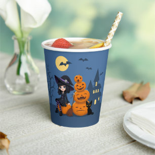 Gobelets En Papier Halloween Witch, Chat noir et Citrouille