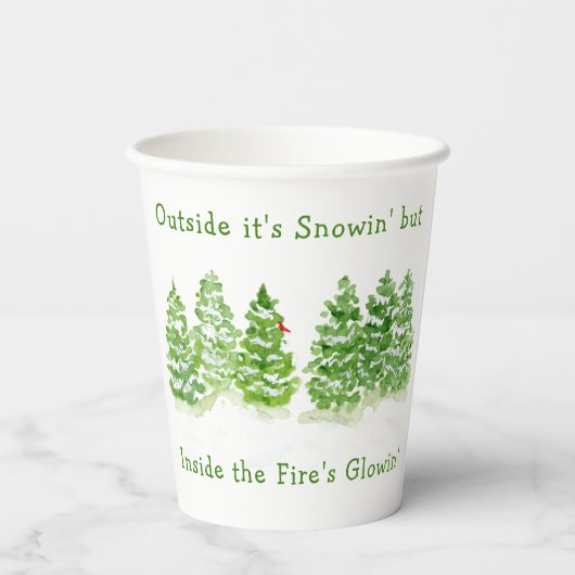 Gobelets En Papier Handpainted Winter Trees Outside Snow Fires Glowin (Verso)
