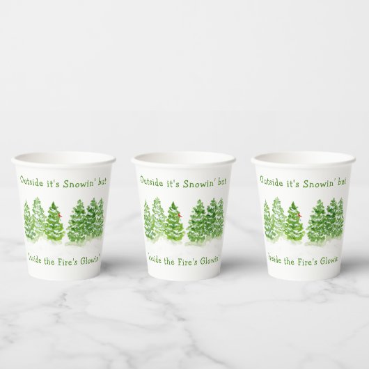 Gobelets En Papier Handpainted Winter Trees Outside Snow Fires Glowin (Multi)