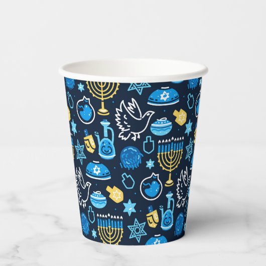 Gobelets En Papier Hanoukka Symboles Motif bleu (Verso)
