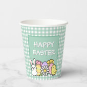 Gobelets En Papier Happy Easter Bunny Chick Eggs Green Gingham (Verso)