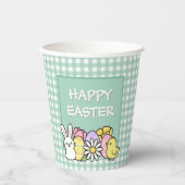 Gobelets En Papier Happy Easter Bunny Chick Eggs Green Gingham (Recto)