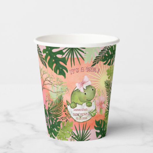 Gobelets En Papier Hatching Dino with Pink Bow 'It's a Girl' Cups (Verso)
