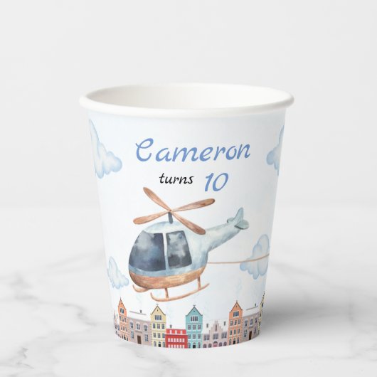 Gobelets En Papier Hélicoptère d'aquarelle bleu réutilisable durable (Recto)