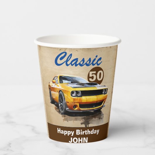 Gobelets En Papier heureux 50e anniversaire Classic Muscle Car (Verso)