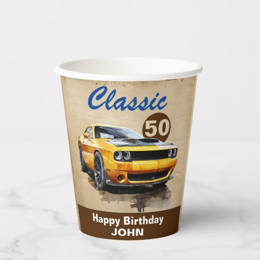 Gobelets En Papier heureux 50e anniversaire Classic Muscle Car (Recto)