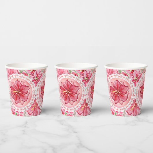 Gobelets En Papier Hibiscus & dentelle RED (Multi)
