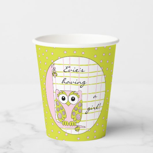 Gobelets en papier "Hibou rose/vert" 8 oz. (Recto)