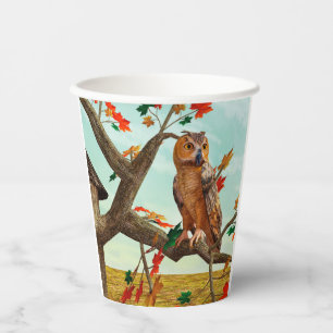 Gobelets En Papier Hibou sur le design d'érable d'automne - Oiseau in