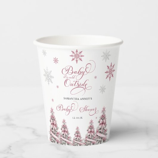 Gobelets En Papier Hiver Noël Arbres Snowflakes Baby shower rose (Recto)