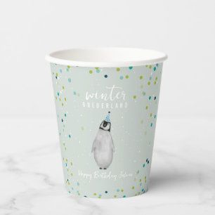 Gobelets En Papier Hiver Onederland Blue Anniversaire Penguin Confett