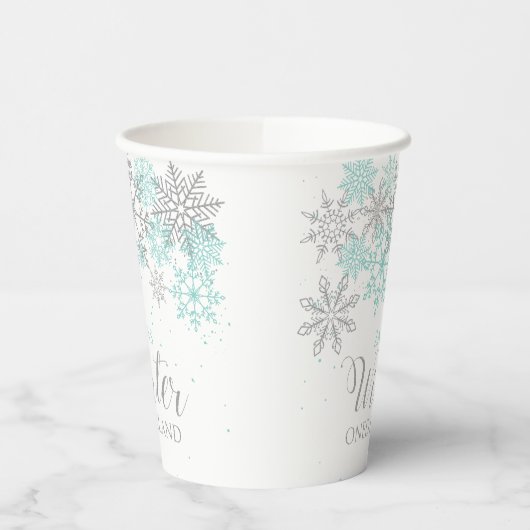 Gobelets En Papier Hiver ONEderland Lumière Turquoise Silver Flocon d (Gauche)