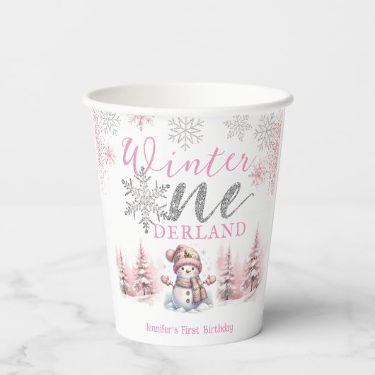 Gobelets En Papier Hiver Onederland Pink Silver Parties scintillant 1 (Verso)
