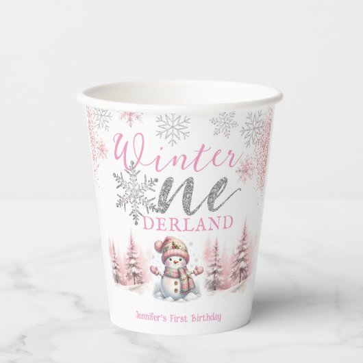 Gobelets En Papier Hiver Onederland Pink Silver Parties scintillant 1 (Recto)