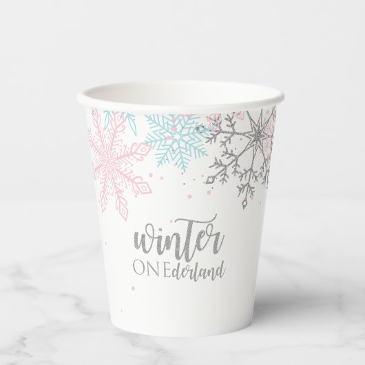 Gobelets En Papier Hiver Onederland rose Silver Blue Snowflakes (Recto)