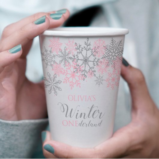 Gobelets En Papier Hiver Onederland Silver and Pink Snowflake