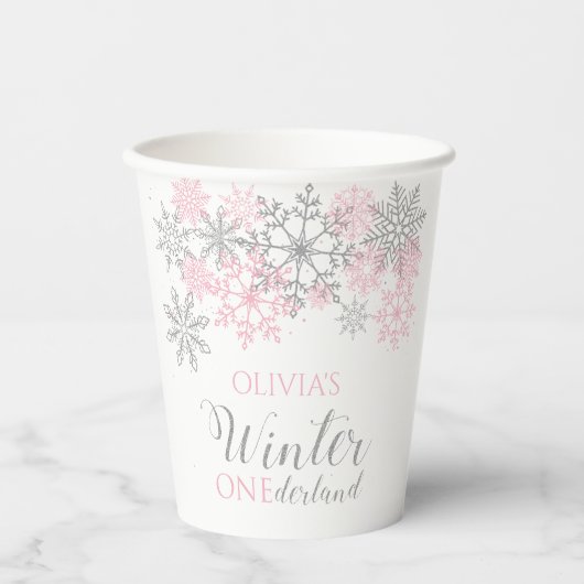 Gobelets En Papier Hiver Onederland Silver and Pink Snowflake (Recto)