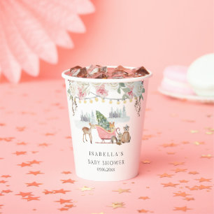 Gobelets En Papier Hiver Pink Woodland Animaux Fille Baby shower