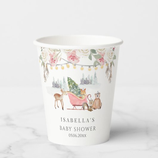 Gobelets En Papier Hiver Pink Woodland Animaux Fille Baby shower (Recto)