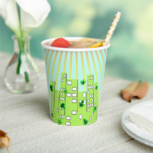 Gobelets En Papier Horizon de la ville écologique verte avec feuilles
