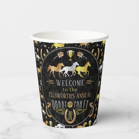 Gobelets En Papier Horse Racing Derby Day Party Black Gold Welcome (Verso)