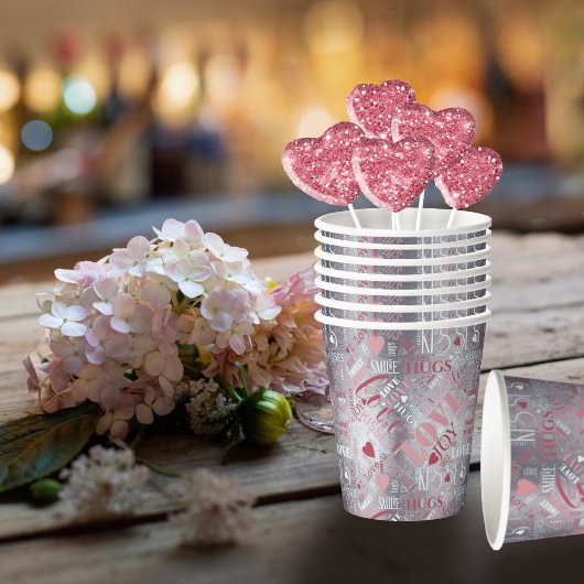 Gobelets En Papier Hugs and Kisses Word Cloud Pink/Silver ID286