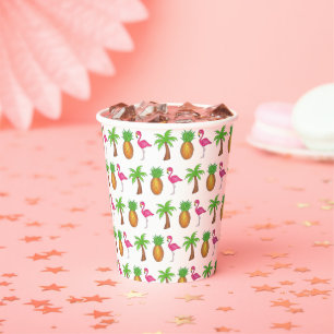Gobelets En Papier Ile tropicale Palm Tree Ananas Flamant rose rose