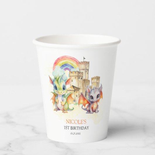 Gobelets En Papier Imaginaire Cute Dragon Castle Rainbow Anniversaire (Recto)
