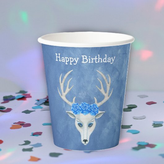 Gobelets En Papier Imaginaire d'anniversaire White Cerf Head Blue Ros