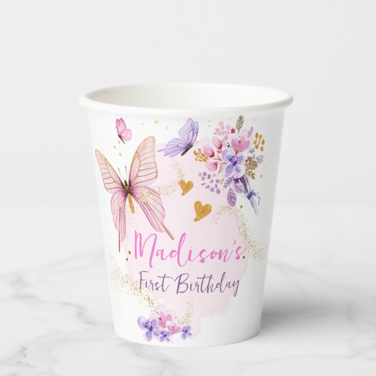 Gobelets En Papier Jardin à papillon floral rose violet fille Anniver (Recto)