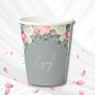 Gobelets En Papier Jardin Vintage de Sage Green Baby shower Roses