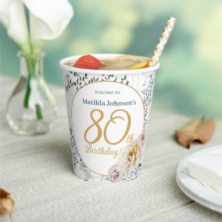 Gobelets En Papier Jaune Floral Botanical Photo 80th Birthday Party