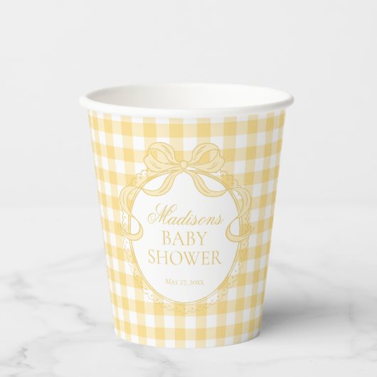Gobelets En Papier Jaune Gingham Coquette Noce de Bébé (Recto)