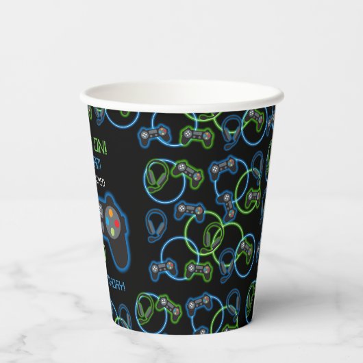 Gobelets En Papier Jeu vidéo Neon Blue & Green Anniversaire Party (Verso)