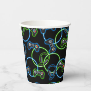 Gobelets En Papier Jeu vidéo Neon Blue & Green Motif