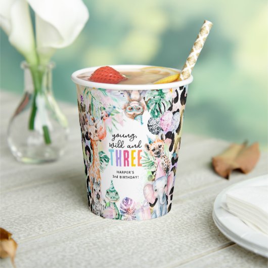 Gobelets En Papier Jeune, sauvage & TROIS animaux Safari 3e anniversa (Insitu)