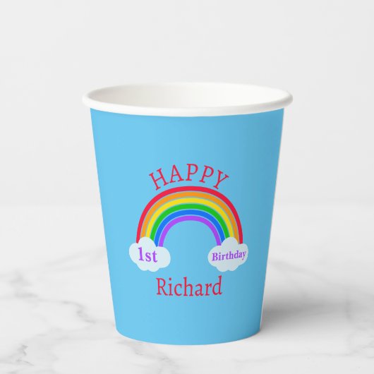 Gobelets En Papier Joli 1er anniversaire Rainbow Clouds Blue Party (Verso)