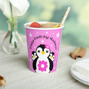 Gobelets En Papier Joli Anniversaire Pingouins Fleurs Roses