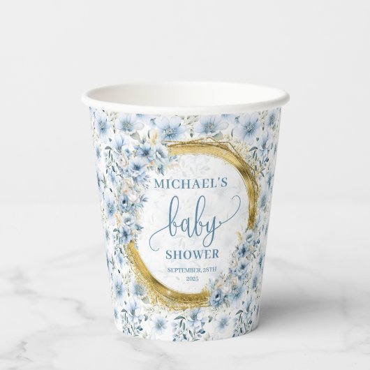 Gobelets En Papier Joli bleu poussiéreux fleurs or boho personnalisé (Verso)
