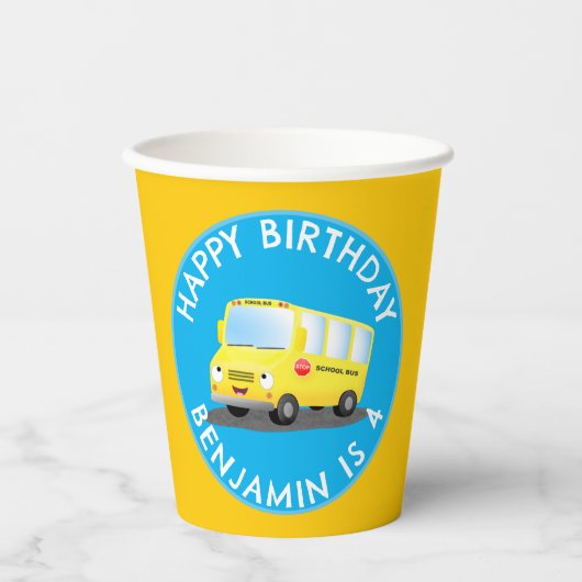 Gobelets En Papier Joli bus scolaire jaune joyeux anniversaire person (Recto)