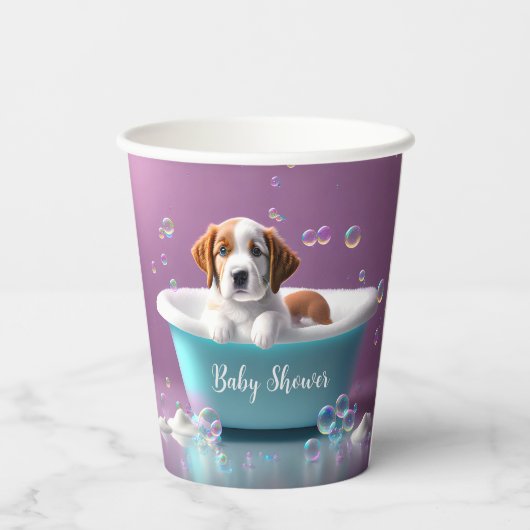 Gobelets En Papier Joli chiot dans une baignoire avec bulles de savon (Verso)