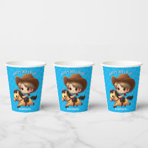 Gobelets En Papier Joli cow-boy et cheval Anniversaire western bleu