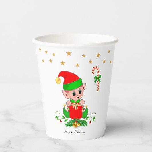 Gobelets En Papier Joli elfe de Noël et Confetti étoile d'or (Recto)