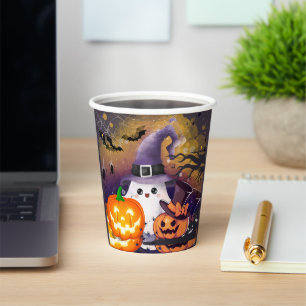 Gobelets En Papier Joli fantôme d'Halloween avec chapeau de sorcière