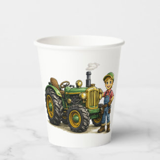 Gobelets En Papier Joli Garçon Fermier Avec Art de Tracteur Vert Vint