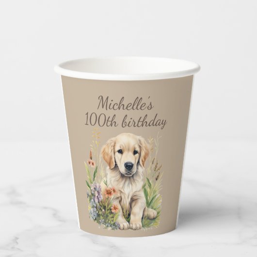 Gobelets En Papier Joli Golden Retriever Chiot 100e anniversaire (Recto)