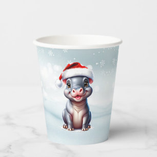 Gobelets En Papier Joli Hippopotame Santa Hat Snowy Noël